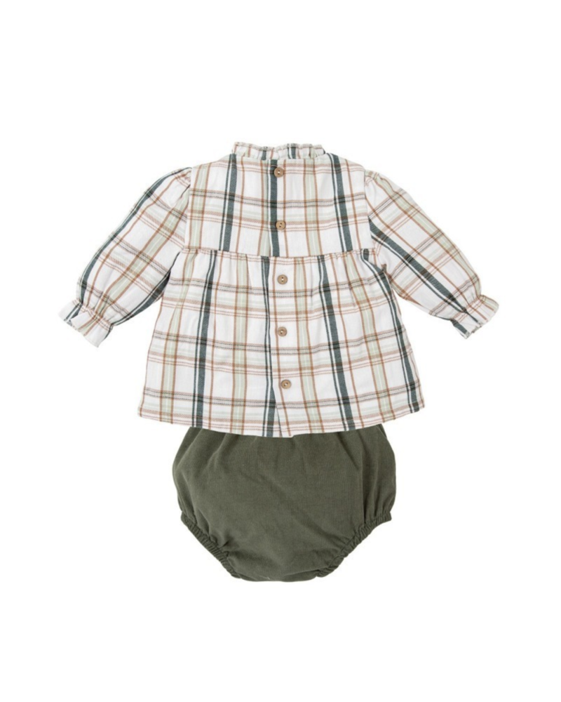 Plaid Pleated Shirt/Bloomer Set {Tan/Olive}