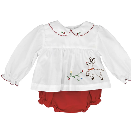 Petit Ami Reindeer Embroidered L/S Diaper Set {Wht/Red}