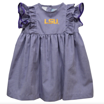 Vive La Fete LSU Tigers Emb Ruffle Sleeve Dress {Wht/Purp Gingham}