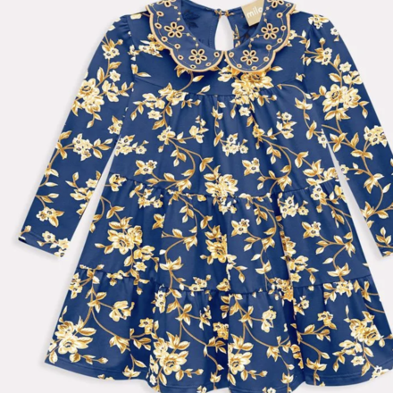 Milon Emb. Collar Floral Ruffle Dress {Navy/Carmel}