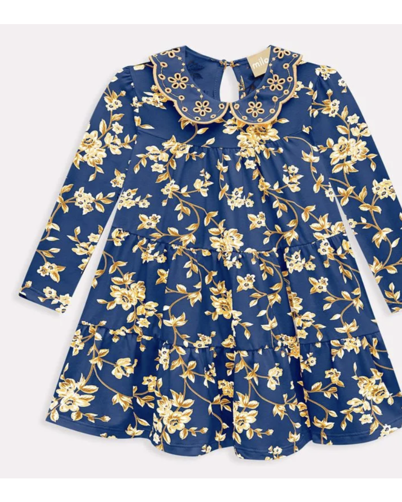Milon Emb. Collar Floral Ruffle Dress {Navy/Carmel}