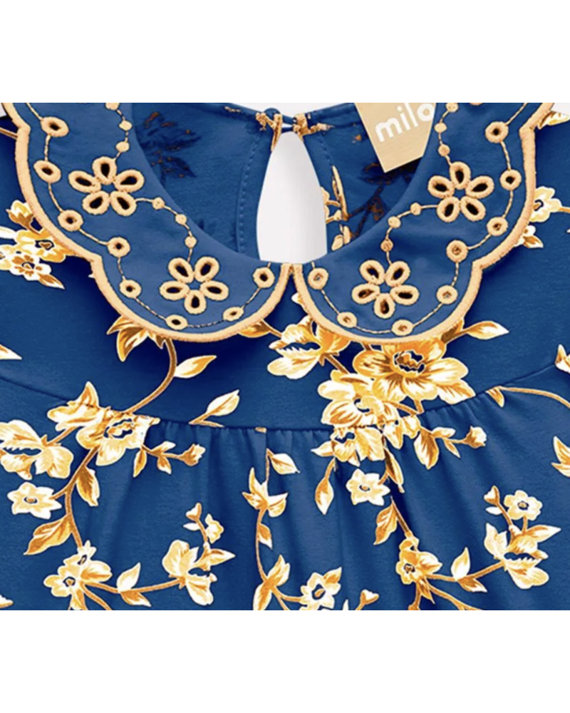 Milon Emb. Collar Floral Ruffle Dress {Navy/Carmel}