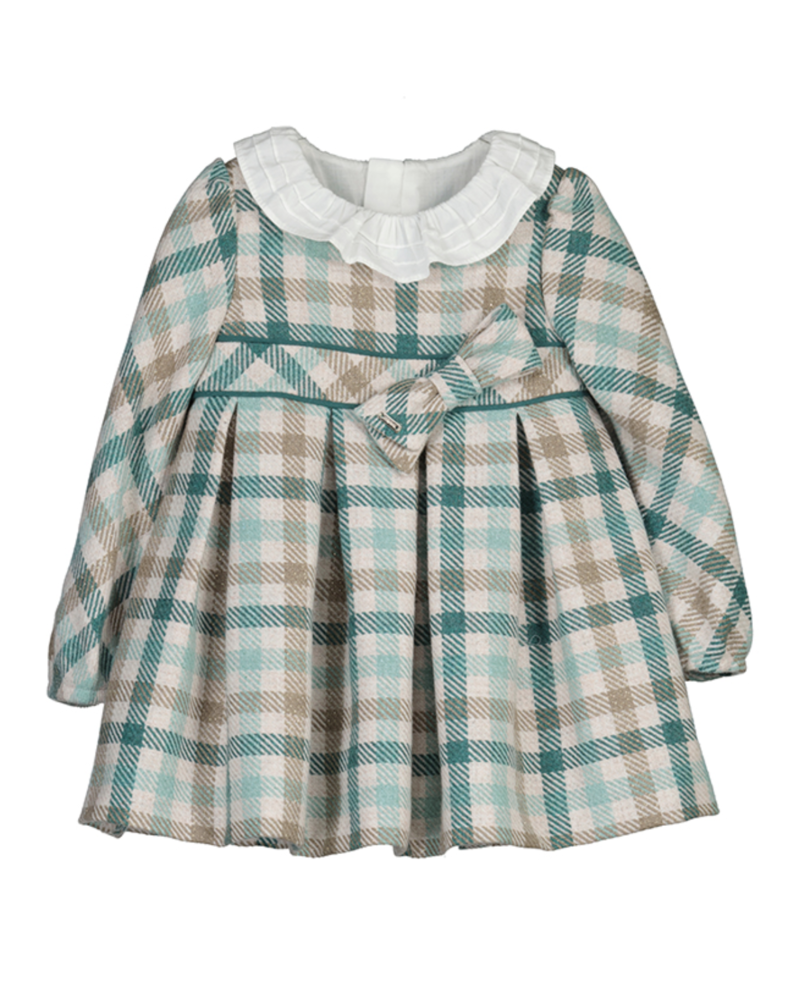 Mayoral Plaid Ruffle Collar Dress w/ Bow {Jade/Tan}