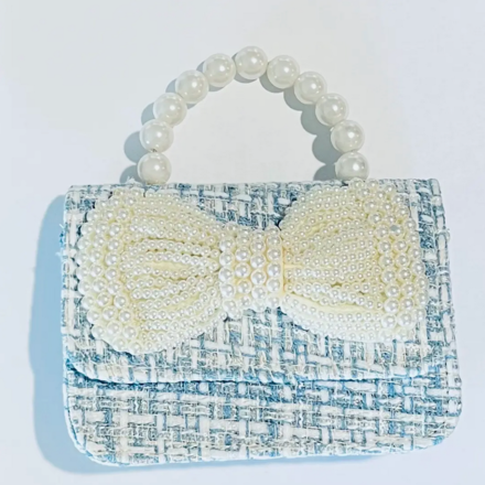 Sparkle Sisters Tweed Pearl Bow Purse {Blue}