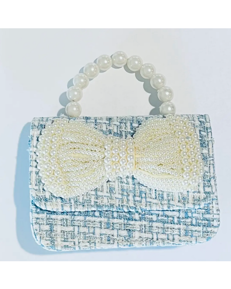 Sparkle Sisters Tweed Pearl Bow Purse {Blue}