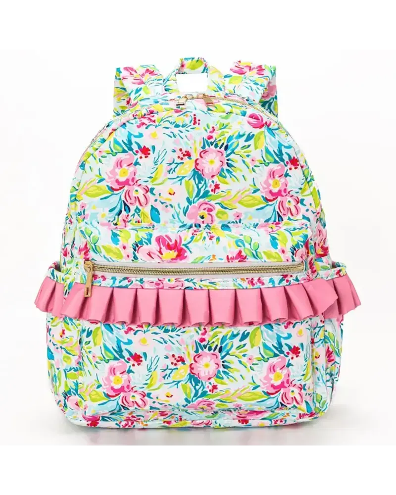 Sassy Kids Palace Floral Ruffle Backpack {Lime/Pink}