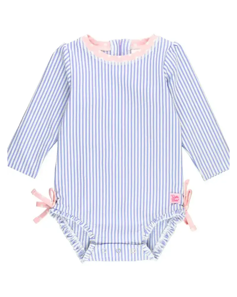 Ruffle Butts Seersucker LS Rash Guard Swimsuit w/ Ruffles {Periwinkle/Wht} S25