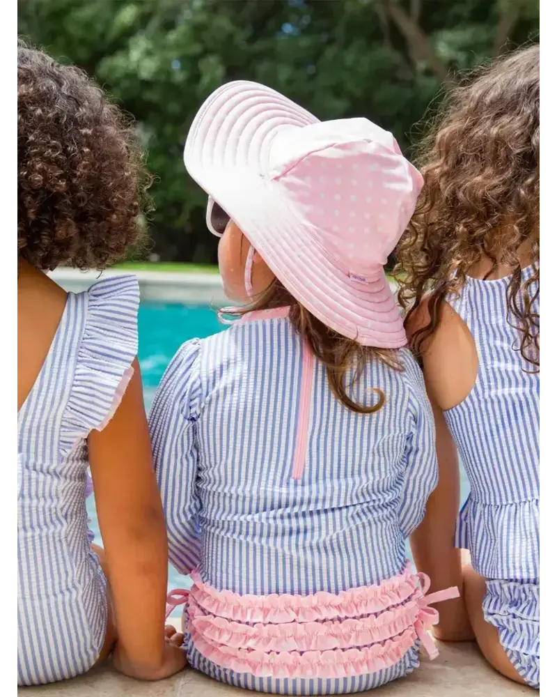 Ruffle Butts Seersucker LS Rash Guard Swimsuit w/ Ruffles {Periwinkle/Wht} S25