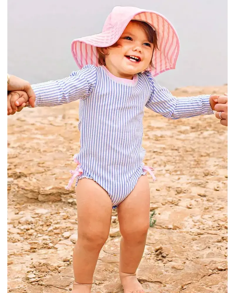 Ruffle Butts Seersucker LS Rash Guard Swimsuit w/ Ruffles {Periwinkle/Wht} S25