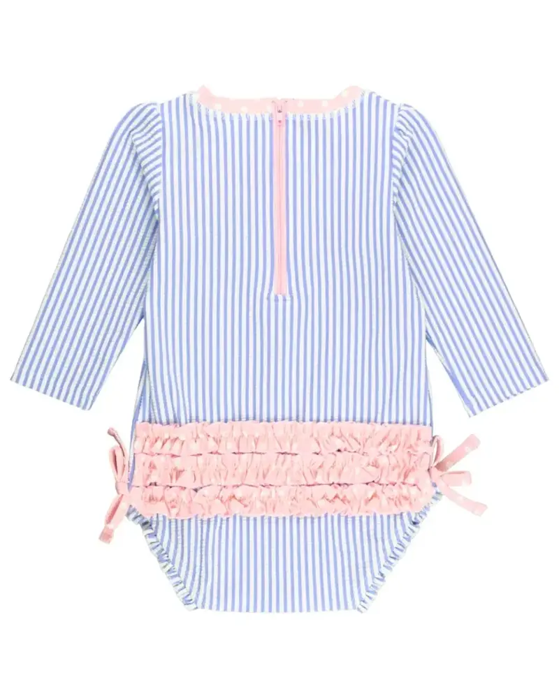 Ruffle Butts Seersucker LS Rash Guard Swimsuit w/ Ruffles {Periwinkle/Wht} S25