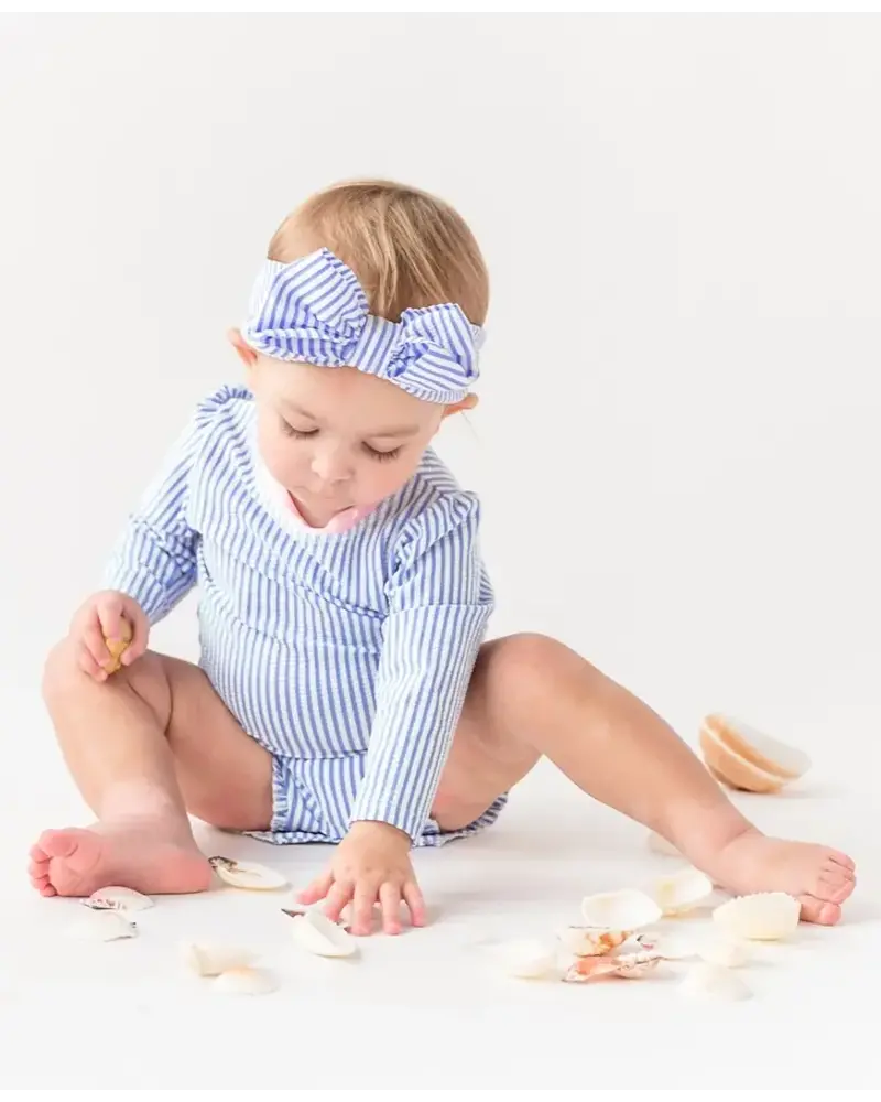 Ruffle Butts Seersucker LS Rash Guard Swimsuit w/ Ruffles {Periwinkle/Wht} S25