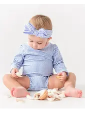 Ruffle Butts Seersucker LS Rash Guard Swimsuit w/ Ruffles {Periwinkle/Wht} S25