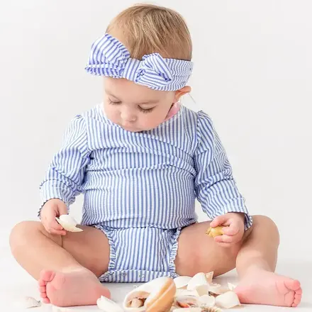Ruffle Butts Seersucker LS Rash Guard Swimsuit w/ Ruffles {Periwinkle/Wht} S25