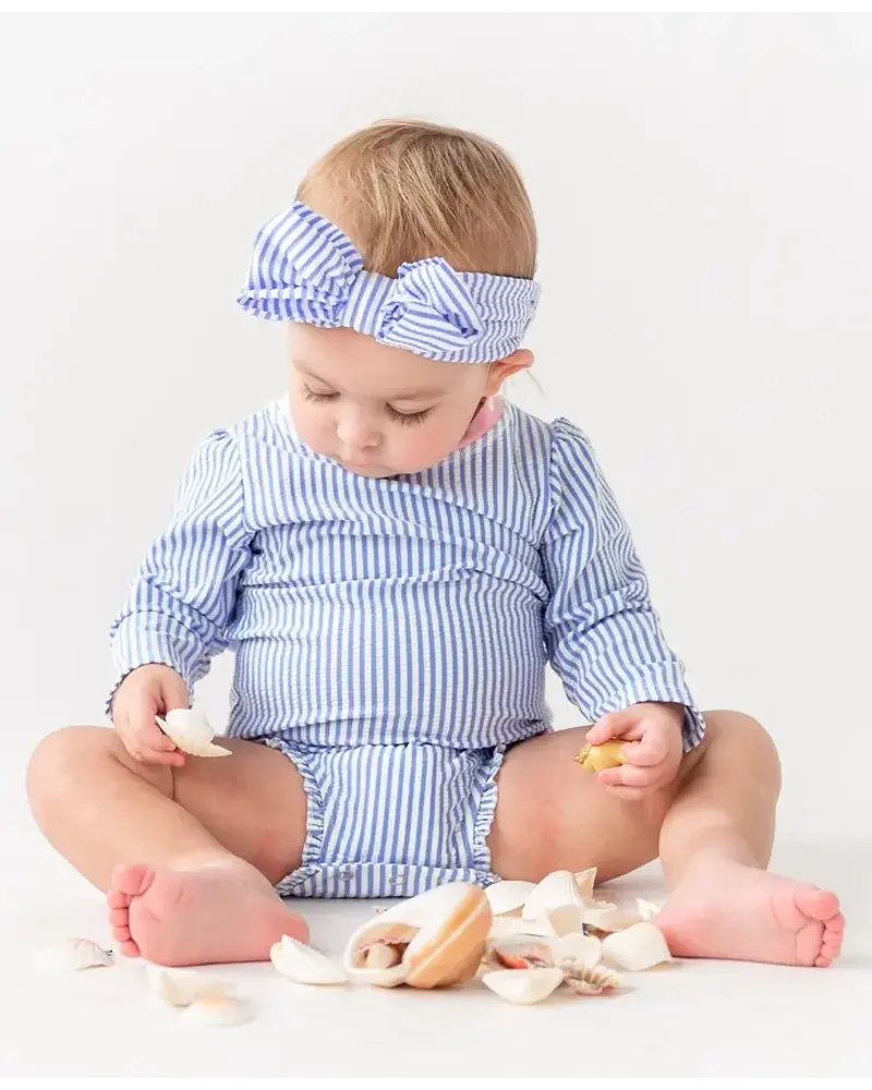 Ruffle Butts Seersucker LS Rash Guard Swimsuit w/ Ruffles {Periwinkle/Wht} S25