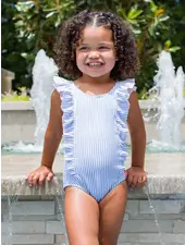 Ruffle Butts Seersucker Waterfall One Piece Swimsuit w/ Ruffles {Periwinkle/Wht} S25
