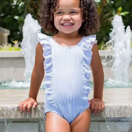 Ruffle Butts Seersucker Waterfall One Piece Swimsuit w/ Ruffles {Periwinkle/Wht} S25