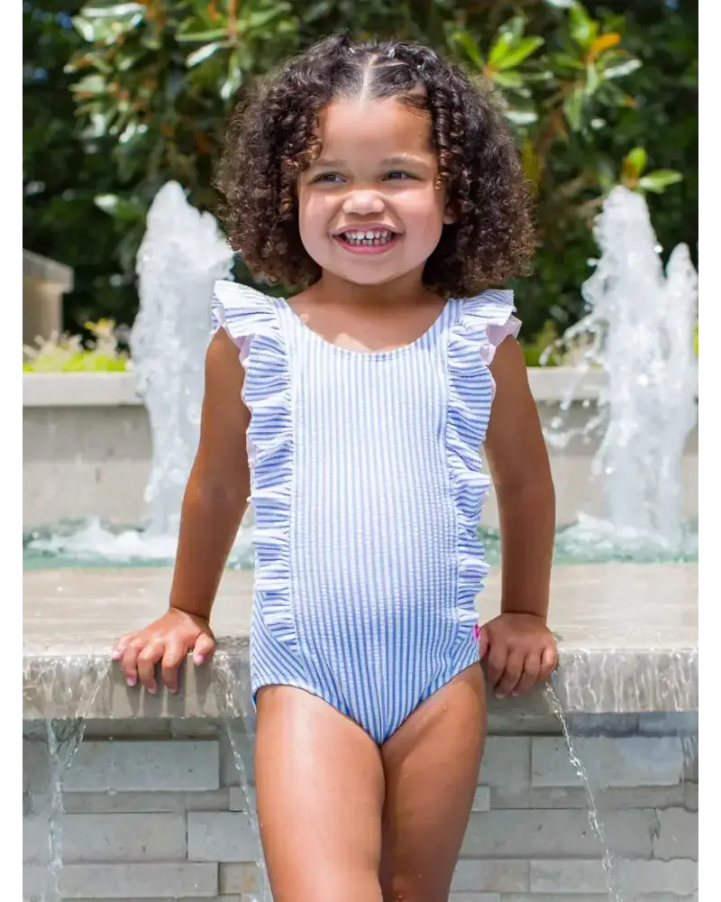 Ruffle Butts Seersucker Waterfall One Piece Swimsuit w/ Ruffles {Periwinkle/Wht} S25