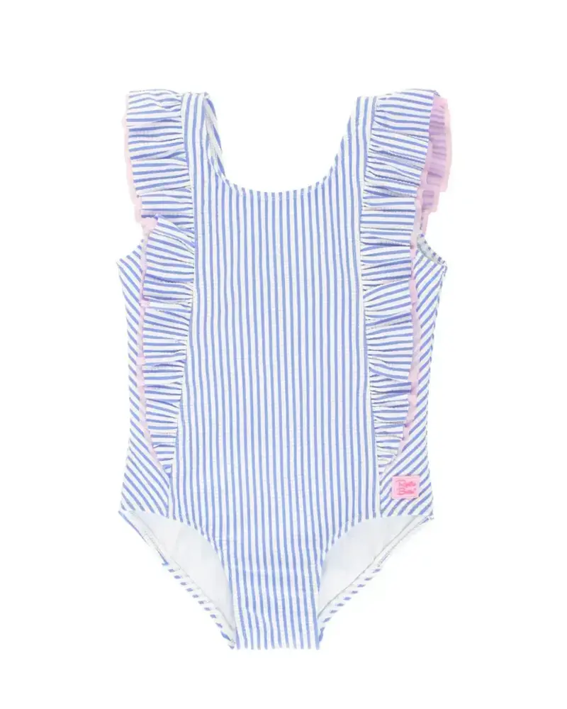Ruffle Butts Seersucker Waterfall One Piece Swimsuit w/ Ruffles {Periwinkle/Wht} S25