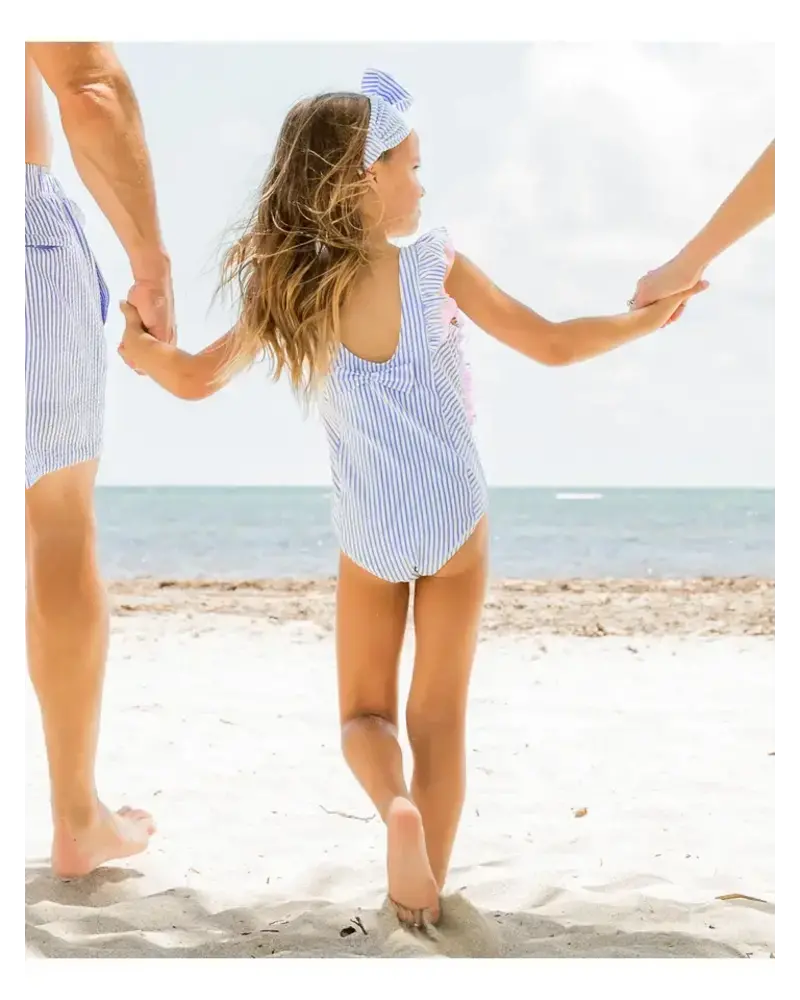 Ruffle Butts Seersucker Waterfall One Piece Swimsuit w/ Ruffles {Periwinkle/Wht} S25