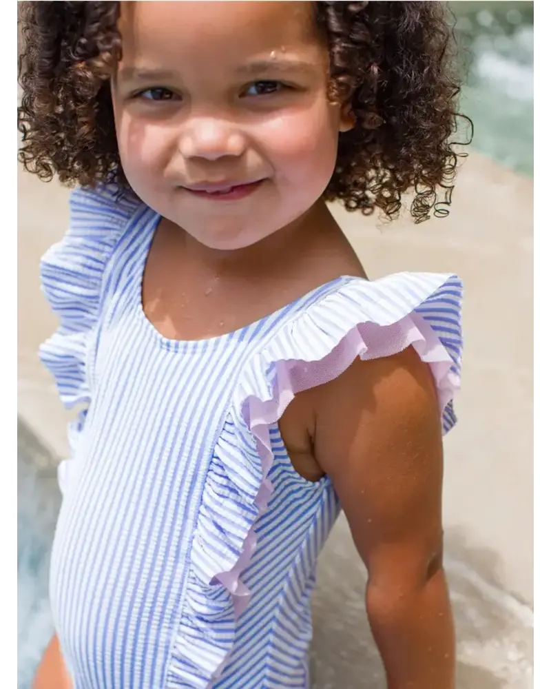 Ruffle Butts Seersucker Waterfall One Piece Swimsuit w/ Ruffles {Periwinkle/Wht} S25