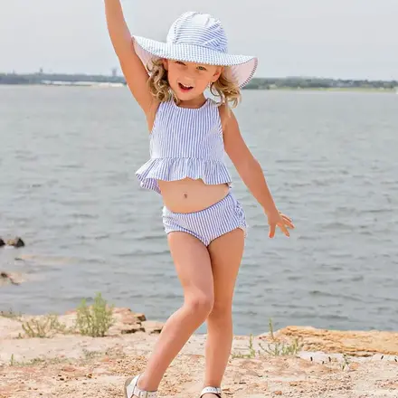 Ruffle Butts Seersucker Peplum Tankini 2 Piece Swimsuit w/ Ruffles {Periwinkle/Wht} S25
