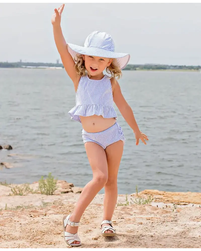 Ruffle Butts Seersucker Peplum Tankini 2 Piece Swimsuit w/ Ruffles {Periwinkle/Wht} S25