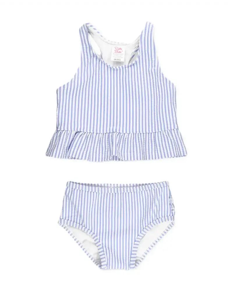 Ruffle Butts Seersucker Peplum Tankini 2 Piece Swimsuit w/ Ruffles {Periwinkle/Wht} S25