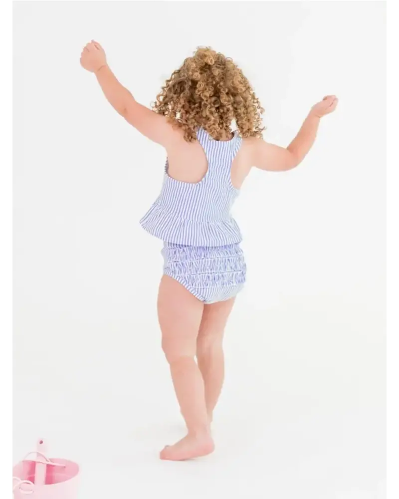 Ruffle Butts Seersucker Peplum Tankini 2 Piece Swimsuit w/ Ruffles {Periwinkle/Wht} S25