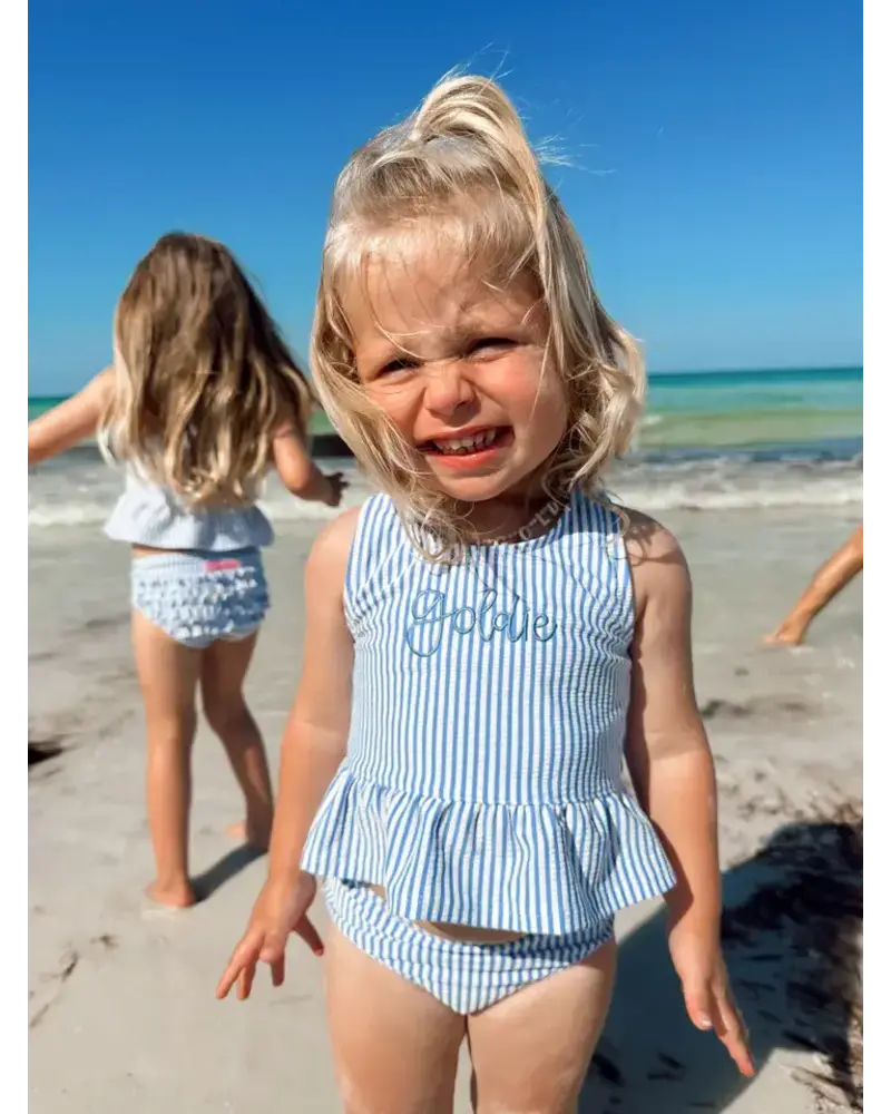 Ruffle Butts Seersucker Peplum Tankini 2 Piece Swimsuit w/ Ruffles {Periwinkle/Wht} S25