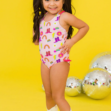Ruffle Butts Cowboy Cutie Cross-Back One Piece Swimsuit {Pink/Multi}