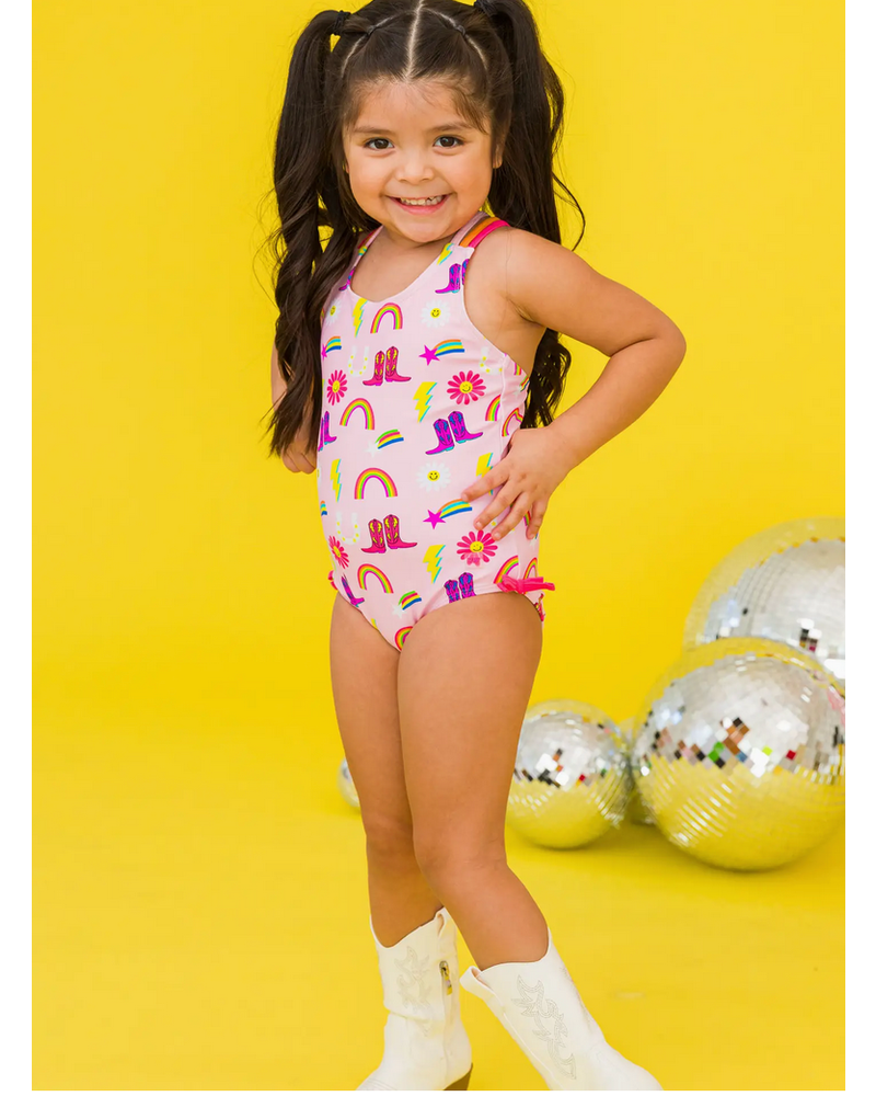 Ruffle Butts Cowboy Cutie Cross-Back One Piece Swimsuit {Pink/Multi}