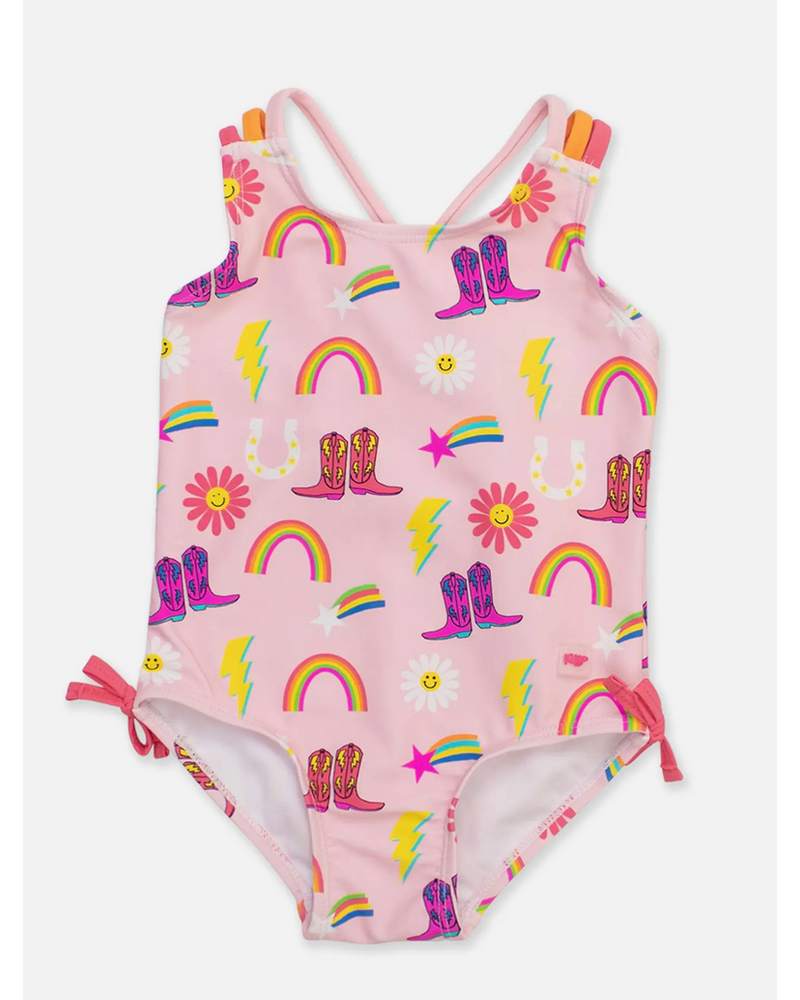 Ruffle Butts Cowboy Cutie Cross-Back One Piece Swimsuit {Pink/Multi}