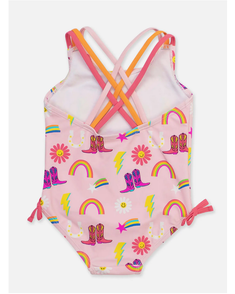 Ruffle Butts Cowboy Cutie Cross-Back One Piece Swimsuit {Pink/Multi}