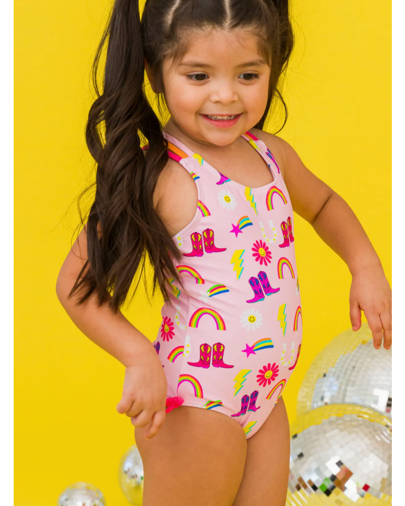 Ruffle Butts Cowboy Cutie Cross-Back One Piece Swimsuit {Pink/Multi}