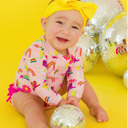 Ruffle Butts Cowboy Cutie LS Rash Guard Swimsuit w/ Ruffles {Pink/Multi}