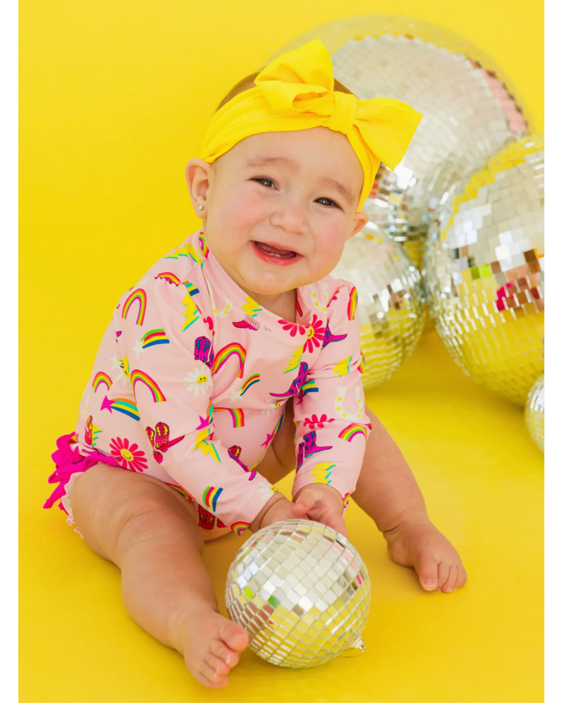 Ruffle Butts Cowboy Cutie LS Rash Guard Swimsuit w/ Ruffles {Pink/Multi}