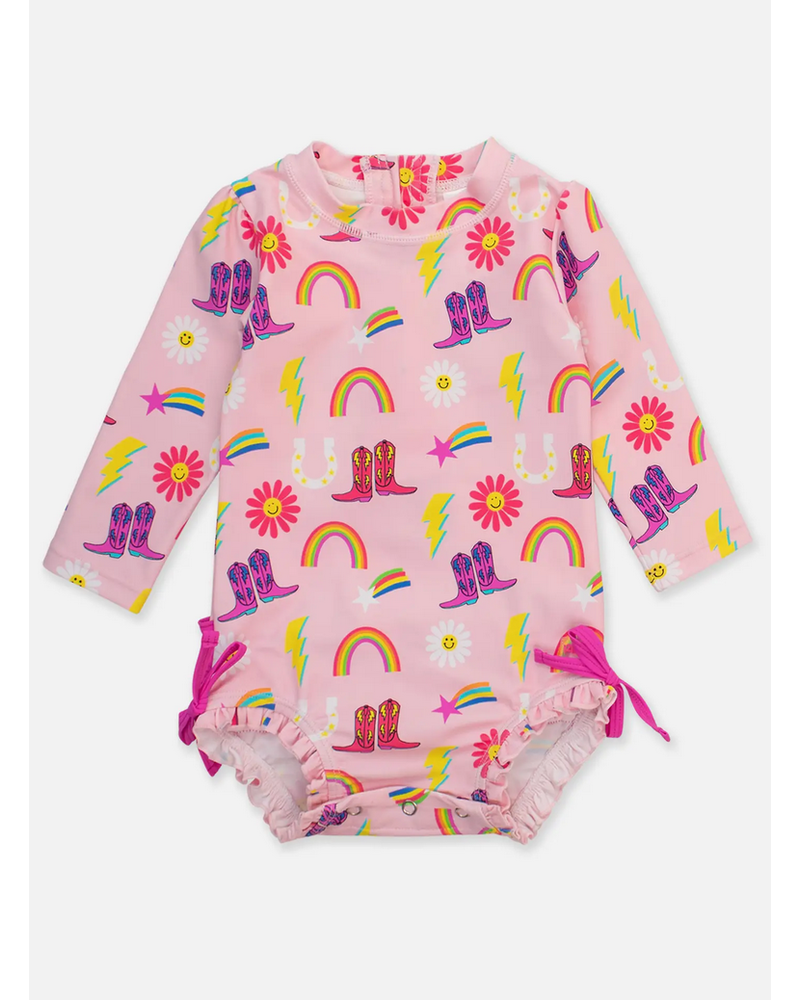 Ruffle Butts Cowboy Cutie LS Rash Guard Swimsuit w/ Ruffles {Pink/Multi}