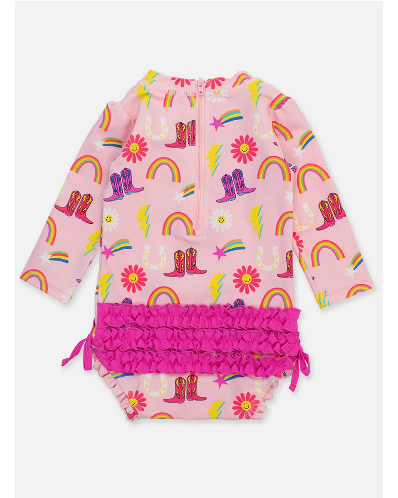 Ruffle Butts Cowboy Cutie LS Rash Guard Swimsuit w/ Ruffles {Pink/Multi}
