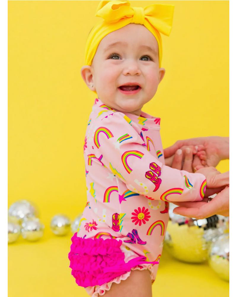 Ruffle Butts Cowboy Cutie LS Rash Guard Swimsuit w/ Ruffles {Pink/Multi}