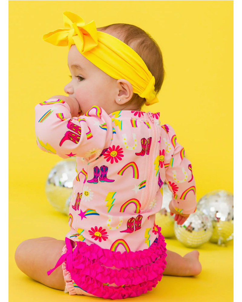 Ruffle Butts Cowboy Cutie LS Rash Guard Swimsuit w/ Ruffles {Pink/Multi}