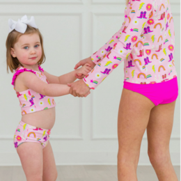 Ruffle Butts Cowboy Cutie Racerback Flutter Tankini 2Pc Swimsuit {Pink/Multi}