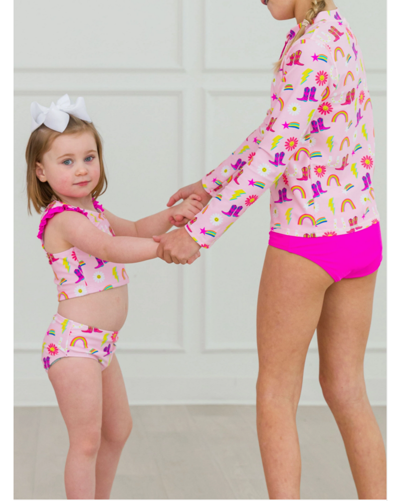 Ruffle Butts Cowboy Cutie Racerback Flutter Tankini 2Pc Swimsuit {Pink/Multi}