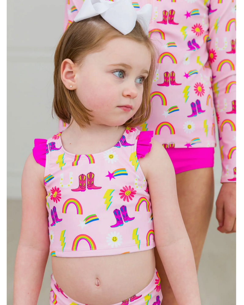 Ruffle Butts Cowboy Cutie Racerback Flutter Tankini 2Pc Swimsuit {Pink/Multi}