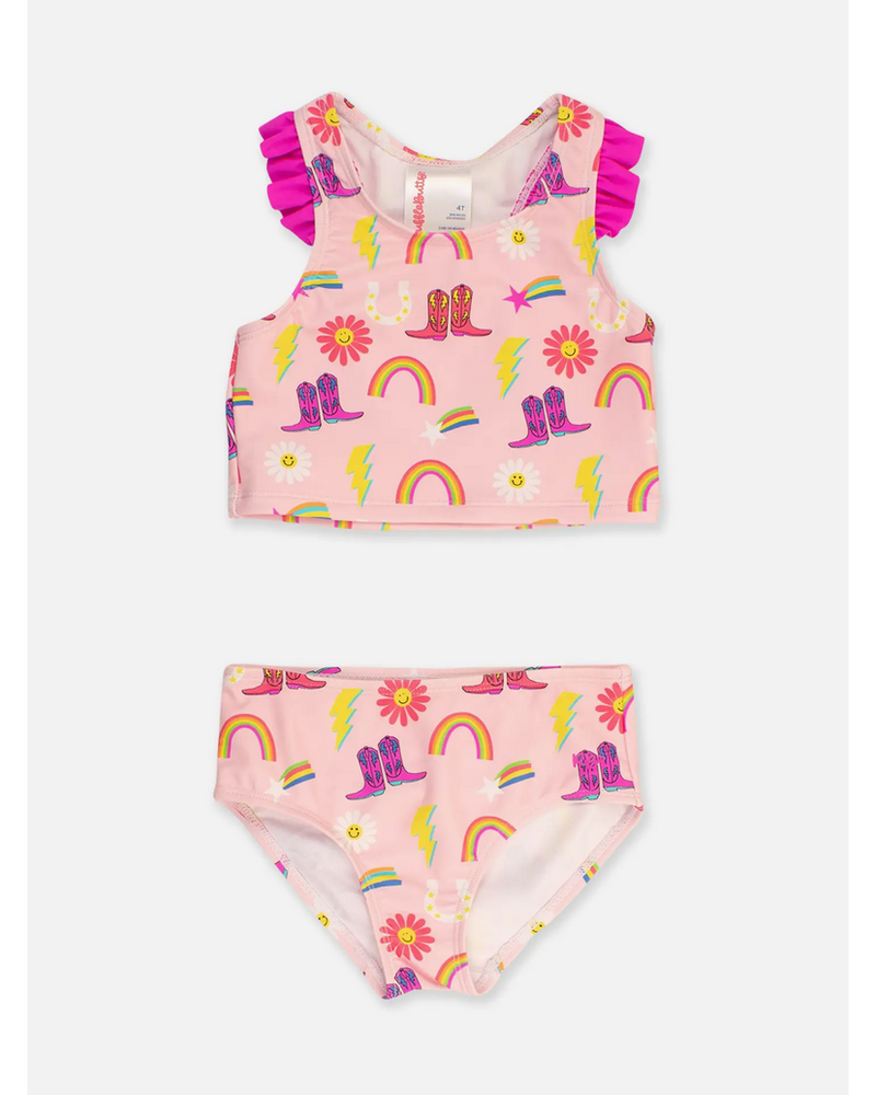 Ruffle Butts Cowboy Cutie Racerback Flutter Tankini 2Pc Swimsuit {Pink/Multi}