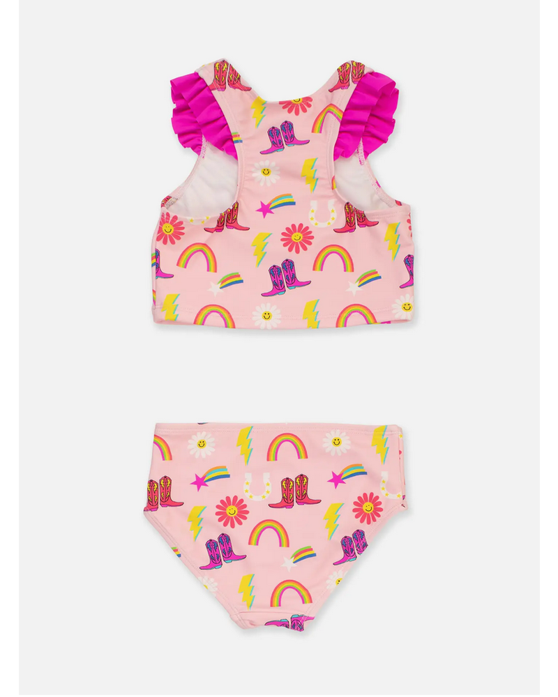 Ruffle Butts Cowboy Cutie Racerback Flutter Tankini 2Pc Swimsuit {Pink/Multi}