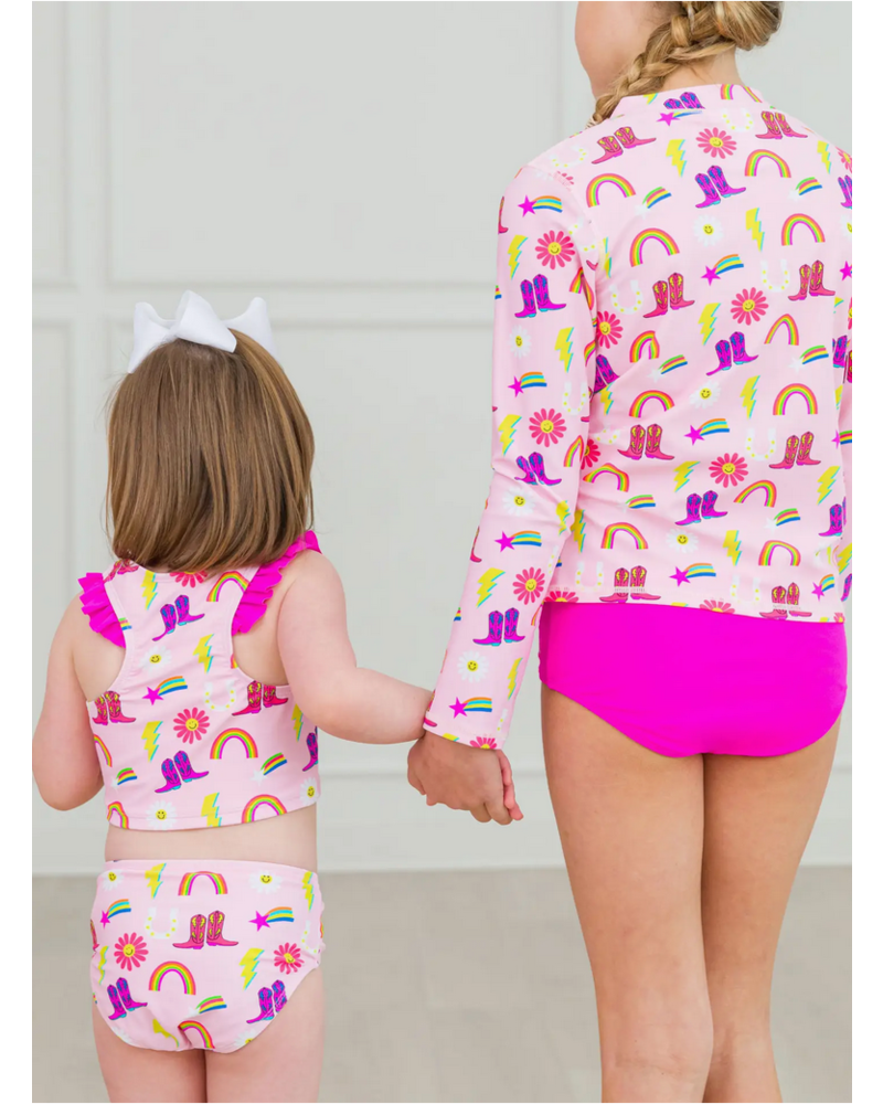 Ruffle Butts Cowboy Cutie Racerback Flutter Tankini 2Pc Swimsuit {Pink/Multi}