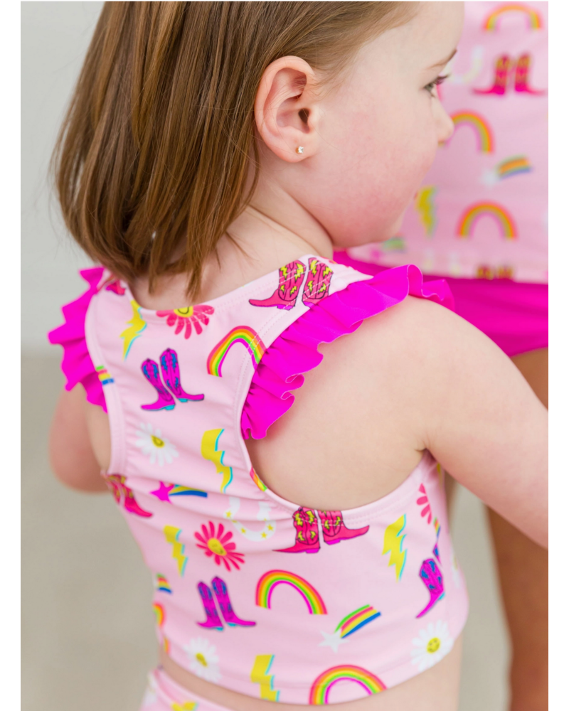 Ruffle Butts Cowboy Cutie Racerback Flutter Tankini 2Pc Swimsuit {Pink/Multi}