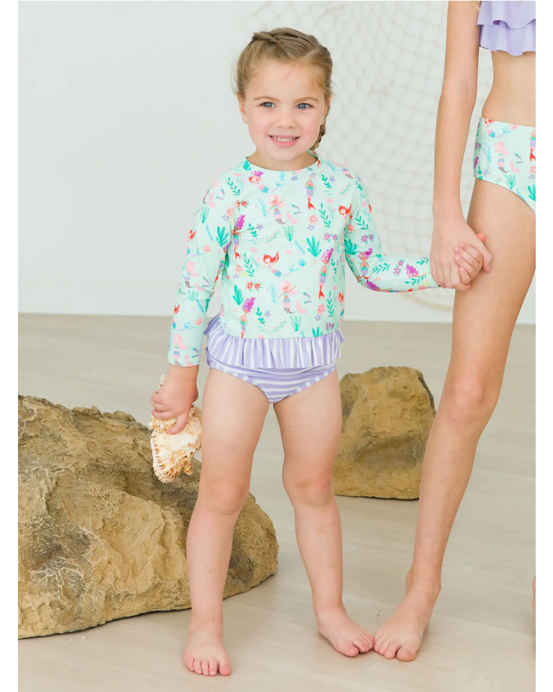 Ruffle Butts Mermaid Princess LS Rash Guard 2Pc Swimsuit w/ Ruffles {Lav/Mint}