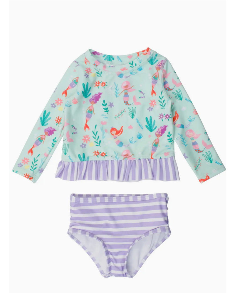 Ruffle Butts Mermaid Princess LS Rash Guard 2Pc Swimsuit w/ Ruffles {Lav/Mint}