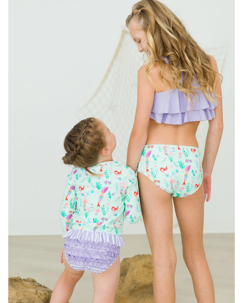 Ruffle Butts Mermaid Princess LS Rash Guard 2Pc Swimsuit w/ Ruffles {Lav/Mint}